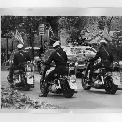 Philadelphia police motorcycle escort for the President of Chad, Francois Tombalbaye, during convocation, October 26, 1970.