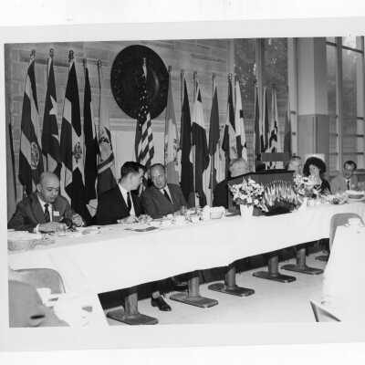 Luncheon sponsored by Latin American Studies Institute to honor J. Peter Grace and to close its first year, June 9, 1961. Pictured are James O'Connor, J. Peter Grace, J. Joseph Bluett, S.J., Matthew Sullivan, S.J., and others.