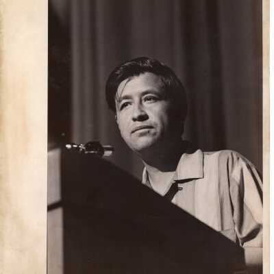 Cesar Chavez addressing audience during Pax Romana's 20th World Plenary Assembly at Saint Joseph's College, August 1968.