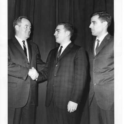 Senator Hubert Humphrey with two students during visit to SJC campus for speech, April 15, 1962.