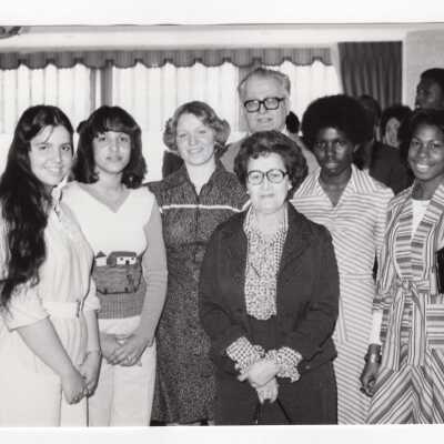 Rebecca Segal (Philadelphia School District) and George Beichl, with students from Kensington High School during Chemistry Department's Science Motivation Program, c. 1972.