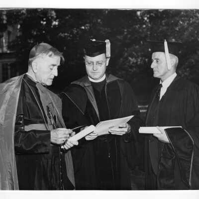 Edward G. Jacklin, S.J.,with honorary degree recipients, Bishop Daniel F. Gercke and Ambassador John J. Hearne at 1953 graduation/commencement.