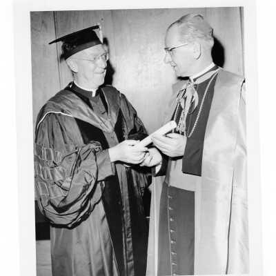 J. Joseph Bluett, S.J., with honorary degree recipient, John Cardinal Krol, Archbishop of Philadelphia, during 1961 graduation/commencement.
