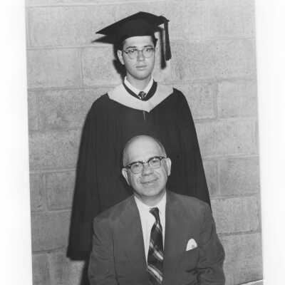 Graduating student, Joseph J. Scarano, with his alumnus father, Dr. Joseph A. Scarano, class of 1927, at 1954 graduation/commencement.