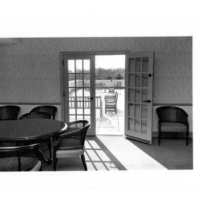 View of outdoor deck of Haub Executive Center, McShain Hall.