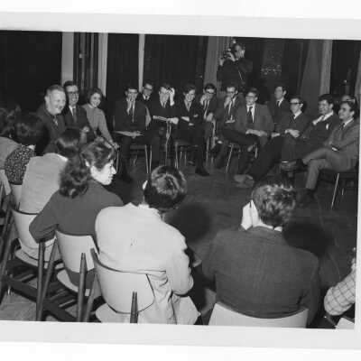 Sir Tyrone Guthrie, Theatre Director from Belfast, speaking to students and faculty members, March 16, 1967.