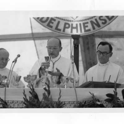 Mass held July 31, 1976, on Gest Lawn prior to academic convocation during SJC 125th anniversary celebration with Apostolic Delegate Jean Jadot and Terrence Toland, S.J.