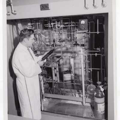 Chemistry professor, Joseph Feighan, in science laboratory, May 1959.