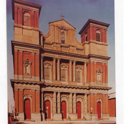 Exterior view of front of Church of the Gesu at Eighteenth and Stiles Streets, Philadelphia.