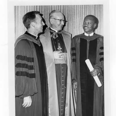 Terrence Toland, S.J., Francois Tombalbaye, President of Chad, and John Cardinal Krol during convocation, October 26, 1970. Cardinal Krol gave the invocation.