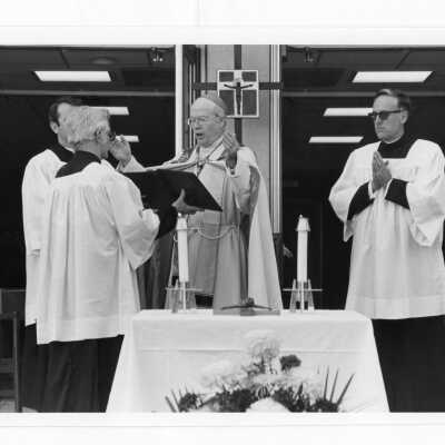 Dedication of Sourin Residence Center with Donald I. MacLean, S.J., Rev. Francis B. Schulte, and others.