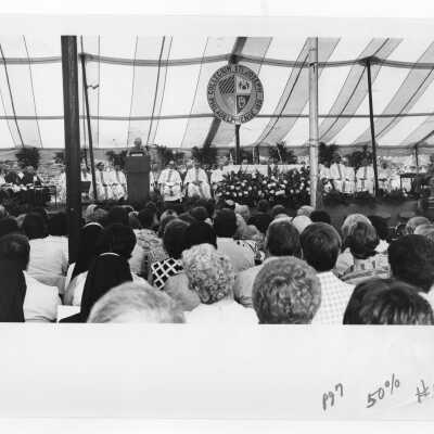 Mass held July 31, 1976, on Gest Lawn prior to academic convocation during SJC 125th anniversary celebration with Cardinal John Krol giving homily.