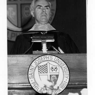 Honorary degree recipient, Robert P. Casey, addressing graduates during 1989 graduation/commencement at Convention Hall, Philadelphia Civic Center.