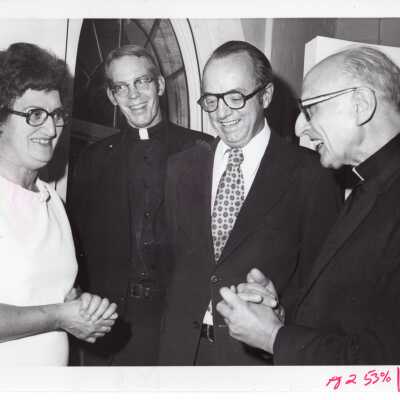 Opening of exhibit, Jesuit Spirit in the Arts, in Boland Hall, July 30, 1976, as part of celebration of 125th anniversary of Saint Joseph's College with Madeline Conti, James Connors (?), Thomas Melady, and Rev. Pedro Arrupe, S.J.