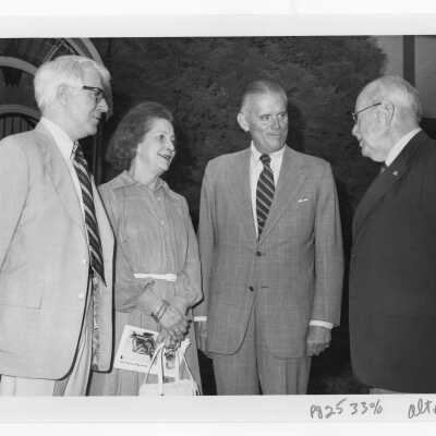 Opening of exhibit, Jesuit Spirit in the Arts, July 30, 1976, as part of celebration of 125th anniversary of Saint Joseph's College with Lawrence Bell (?) and Mr. and Mrs. John Horstmann (?).