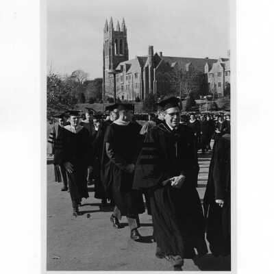 Inauguration of President Terrence Toland, S.J., November 14, 1968. View of academic procession on way from Drexel Library to Field House.