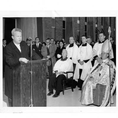 Bellarmine dedication with Frank X. Duff, Jr. (class 1950), J. Joseph Bluett, S.J., Rev. Egidio Vagonizzi