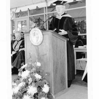 Honorary degree recipient addressing graduates during 1993 graduation/commencement.