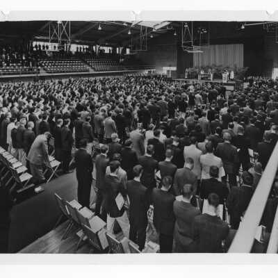 View of Mass of the Holy Spirit in the Field House, October 8, 1963.