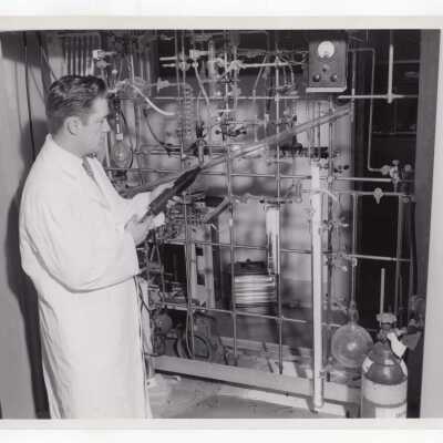 Chemistry professor, Joseph Feighan, in science laboratory, May 1959.