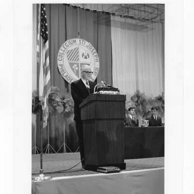 Senator Barry Goldwater delivering speech at Saint Joseph's College, February 8, 1968.