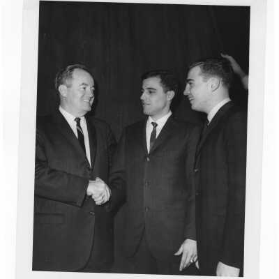 Senator Hubert Humphrey with two students during visit to SJC campus for speech, April 15, 1962.