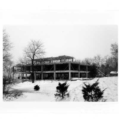 Drexel Library under construction with snow on ground.
