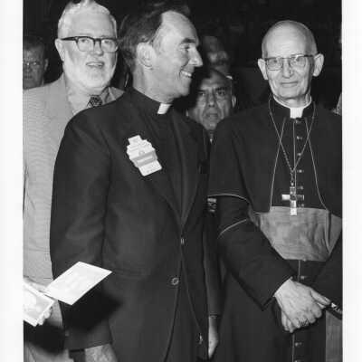 Dr. James Dougherty, Terrence Toland, S.J., and others at International Eucharistic Congress, symposium on hunger, August 2, 1976, held at Philadelphia Civic Center.