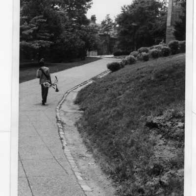 Gardener walking on sidewalk carrying weed trimmer.