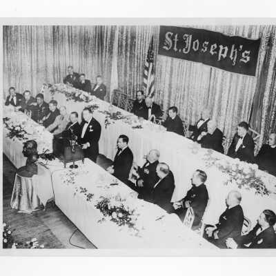 Alumni dinner held on November 21, 1945, at Bellevue-Stratford Hotel to honor alumnus, Francis J. Myers, on his election U.S. Senate. Includes bronze bust that was unveiled.