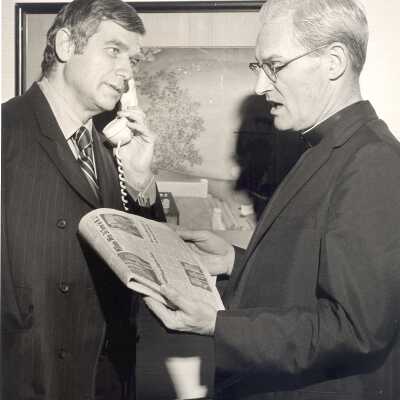 Senator Mark Hatfield with Michael Smith, S.J., prior to delivering speech to SJC campus, October 4, 1970.
