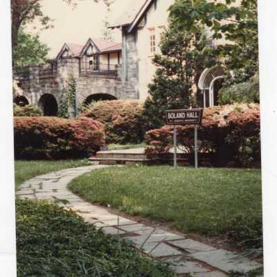 Front view of Boland Hall in spring.