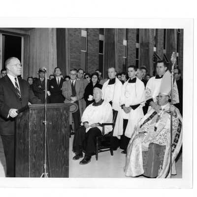 Bellarmine dedication with John A. Murphy (class 1919), J. Joseph Bluett, S.J., and Rev. Egidio Vagnozzi and others.