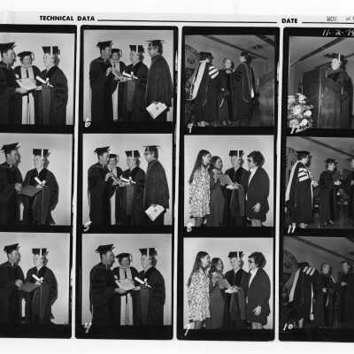Views of academic convocation, November 2, 1975, with Terrence Toland, S.J., honorary degree recipient, the Honorable Martha Wright Griffiths, and others commemorating United Nations International Women's Year.