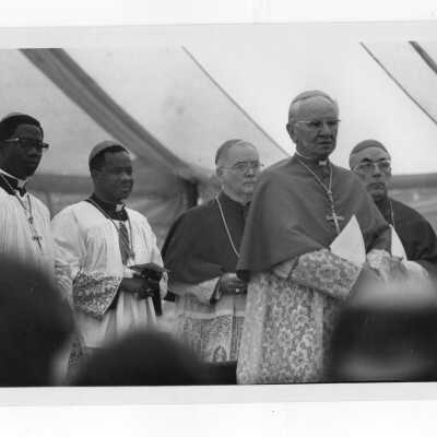 Procession of clergy including Cardinal John Krol and others to Mass held July 31, 1976, on Gest Lawn during SJC 125th anniversary celebration.