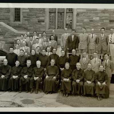 Group photograph of Saint Joseph's College group faculty members in Barbelin quadrangle, June 12, 1947. Also enlarged photocopy with most individuals identified.