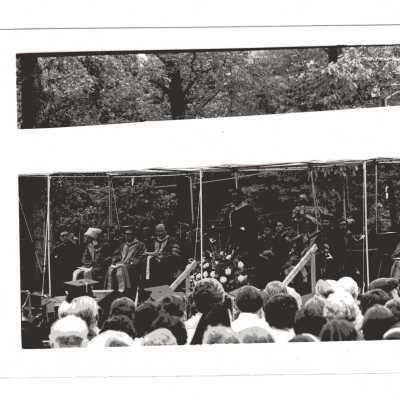 Honorary degree recipient U.S. Representative William H. Gray III addressing graduates during 1980 graduation/commencement.