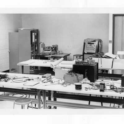 View of equipment in science laboratory.