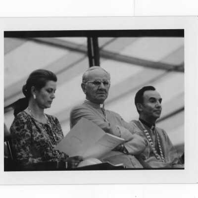 Princess Grace of Monaco, Cardinal John Krol, and Terrence Toland, S.J. at academic convocation held on Gest Lawn, July 31, 1976, as part of SJC 125th anniversary celebration.