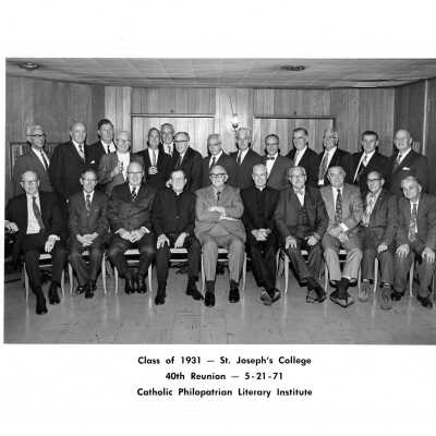 Alumni reunion of class of 1931, held on May 21, 1971. Includes R. Tighe, J. Nichols, J. Murphy, J. Feeney, F. Hemsworth, B. Hennessey, M. Casino, J. Cooke, P. Hochans, L. McDermott, G. Ostheimer, B. McDermott, H. Lodge, B. Bergan, J. Gallagher and other