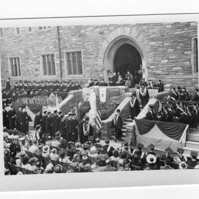 View of faculty and students processing into Barbelin quandrangle for 1948 graduation/commencement ceremony and view of ceremony itself. (Four black and white prints.)
