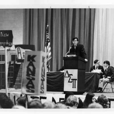 Student mock Democratic convention in the Field House sponsored by the students of Delta Sigma Pi in March 1972.