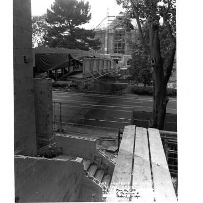 Complete view of pedestrian bridge to McShain Hall under construction.