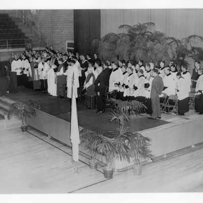 Bishop Hyland's reception in Field House following mass, January 8, 1950.