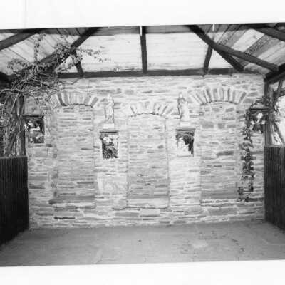 Ceramic sculpture in interior of old gazebo of Boland Hall.