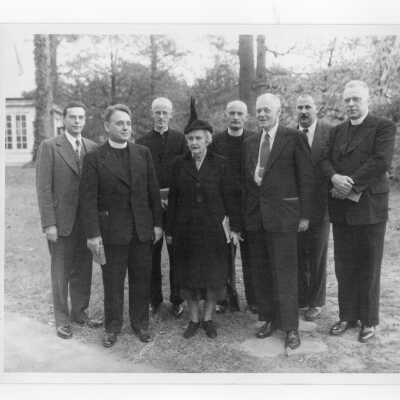 Presentation of Horatian Actus (Odes of Horace) during centennial celebration. Event held on October 26, 1951 with Gerald Kernan, S.J., Lily Taylor, L.R. Shero, Hayne R. Martin, S.J., S. McDermott, Fr. Bresnahan, Fr. Creaghan, A. Raubitschek.