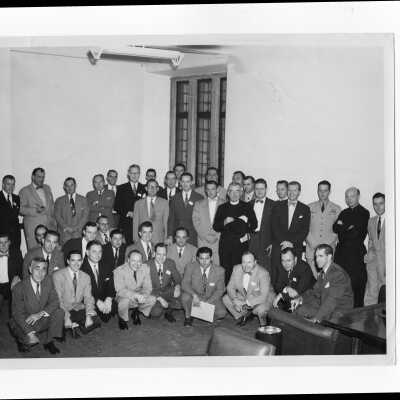 View of Saint Joseph's College Alumni Board of Governors and their guests after quarterly meeting, September 29, 1952. Includes Joseph S. Hogan, S.J.