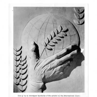 Limestone carving in Villiger (later Post) Academy of Food Marketing symbolizing international freedom from hunger campaign.
