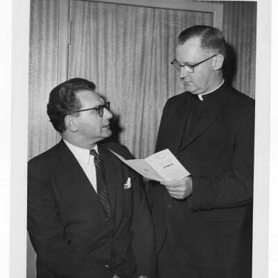 Photo of some individuals attending First Annual Institute on Catholic-Jewish relations, including Rabbi Marc Tanenbaum, and Msgr. George Higgins, March 5-6, 1967.