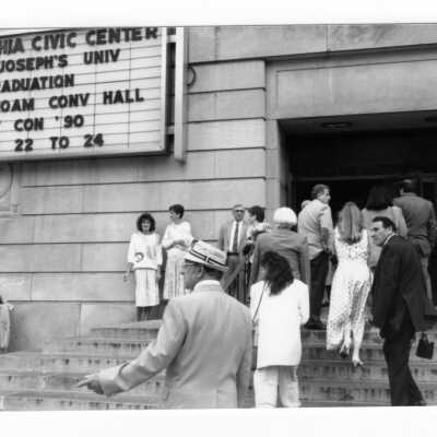 Families and guests entering Convention Hall at Philadelphia Civic Center for 1990 graduation/commencement.